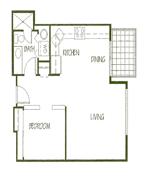 Floor plan for 1 bed, 1 bath, 595 sqft